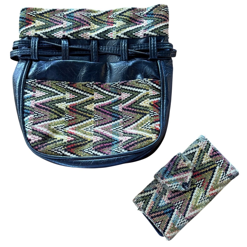 Vintage Chevron Tapestry Crossbody Bag Wallet Set Zig Zag Multi-Color Black Lg